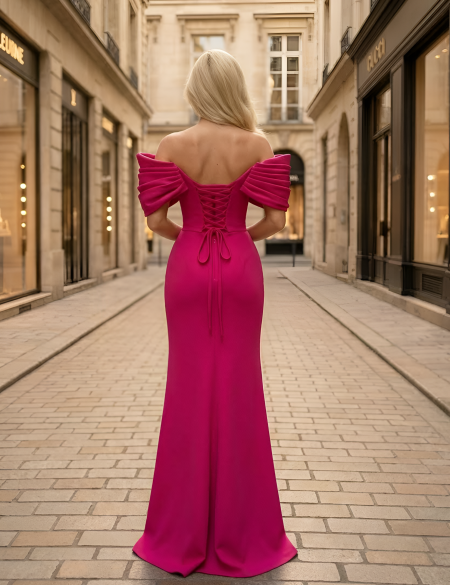 Малиновое платье по фигуре с разрезом на ноге и объёмными спущенными плечами