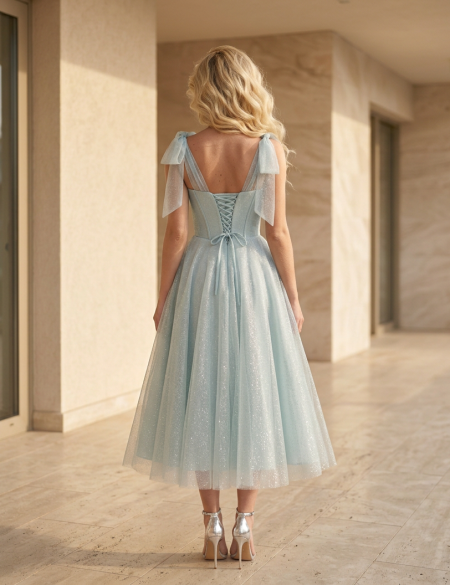 Голубое блестящее платье миди с бантиками на плечах