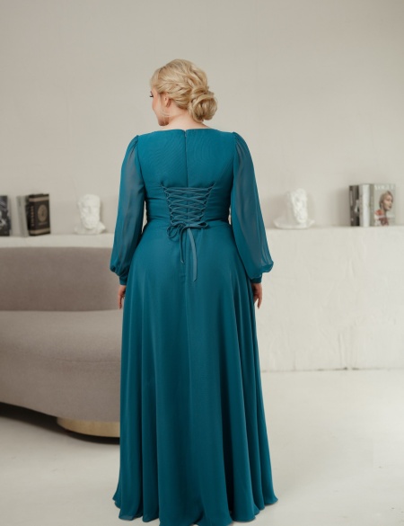 Шифоновое платье с длинными рукавами и декольте - Морская волна