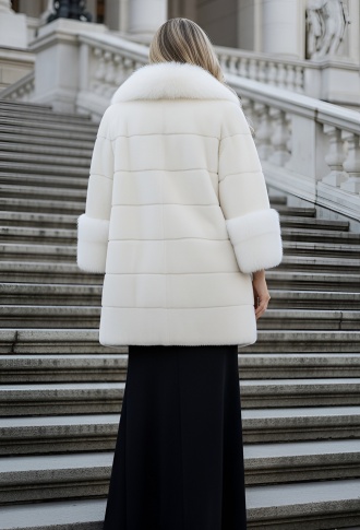 Брендовая элегантная шуба из стриженного кролика, с воротником и манжетами из меха песца Severina. 