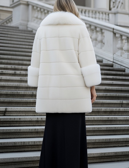 Брендовая элегантная шуба из стриженного кролика, с воротником и манжетами из меха песца Severina. 