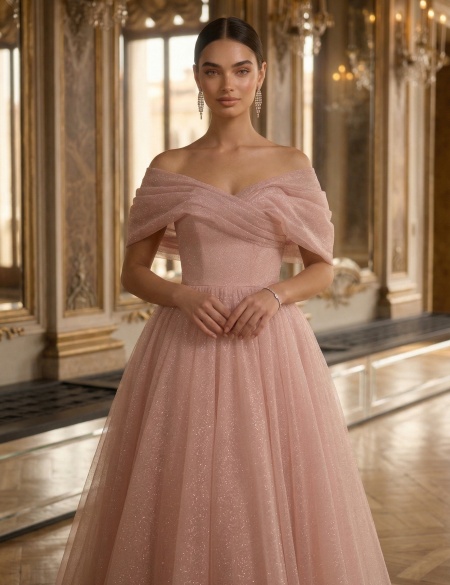 Розовое блестящее платье миди со спущенными плечами