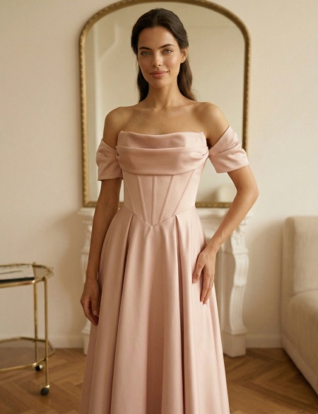 Пудрово-розовое платье миди А-силуэта с корсетным лифом и спущенными рукавами
