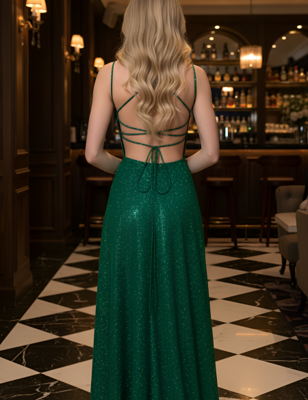 Изумрудное блестящее платье с открытой спиной и разрезом на ноге