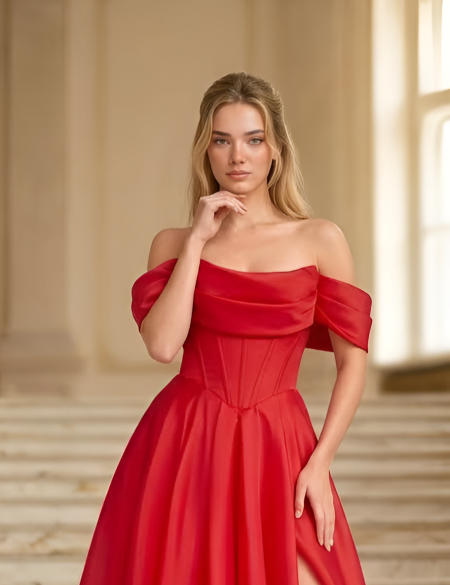 Красное платье со спущенными плечами и разрезом на ноге а-силуэт