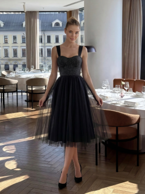 Черное платье миди юбка фатин, верх глиттер с бантиками на плечах