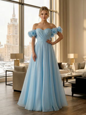 Голубое платье с 3д цветами на плечах