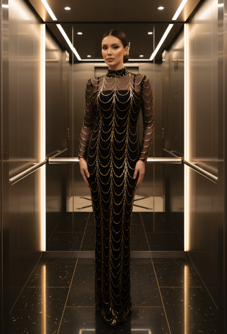 Чёрное платье по фигуре  с золотыми пайетками 