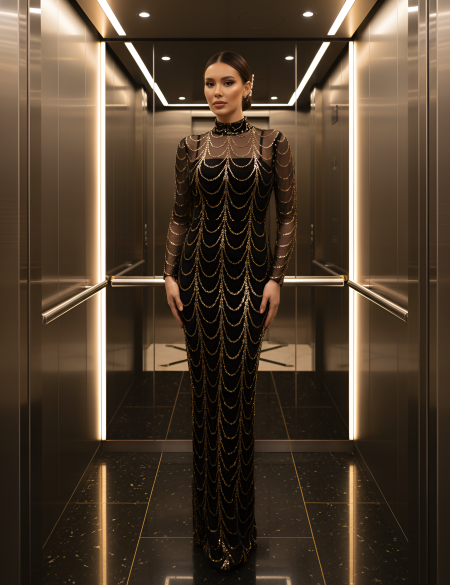 Чёрное платье по фигуре  с золотыми пайетками 