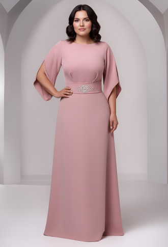 Пудровое платье по фигуре с брошью на талии и рукавами