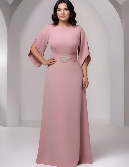 Пудровое платье по фигуре с брошью на талии и рукавами