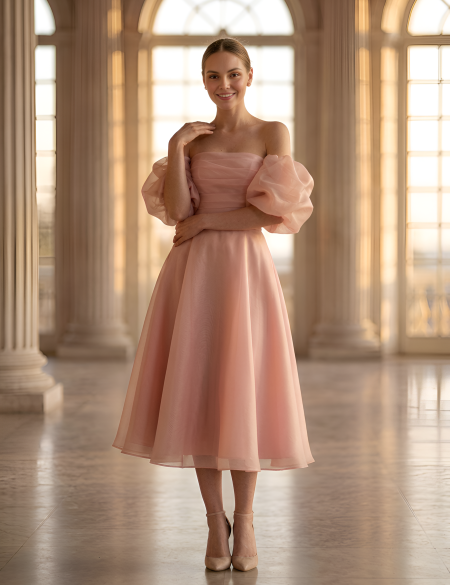 Пудровое платье миди из органзы с пояском