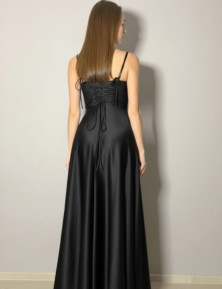 Чёрное атласное платье с закрытым верхом