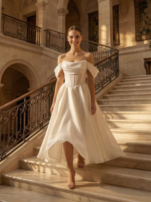 Белое платье со спущенными плечами а-силуэт