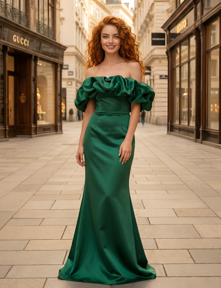 Изумрудное платье по фигуре с разрезом на ноге и оборкой