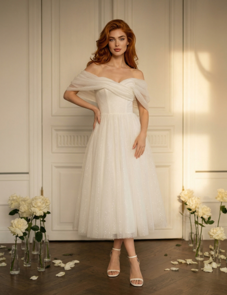 Белое блестящее платье миди со спущенными плечами