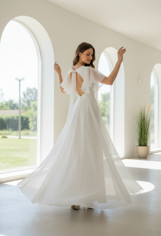 Белое платье из органзы с открытой спиной и рукавами крыло