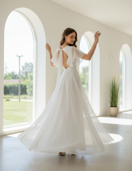 Белое платье из органзы с открытой спиной и рукавами крыло