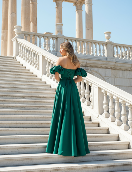 Изумрудное атласное платье на выпускной со спущенными плечами