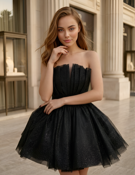 Чёрное блестящее платье мини с пышной юбкой