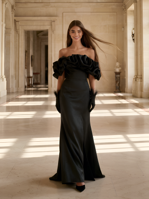 Чёрное платье по фигуре с разрезом на ноге и оборкой