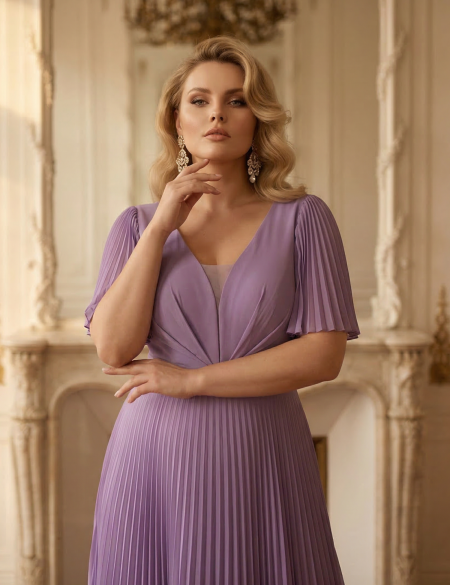 Лиловое платье с плиссированной юбкой и рукавами-крылышками