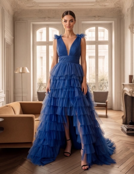 Синее платье с каскадной асимметричной юбкой