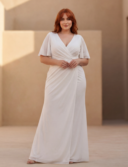 Белое блестящее платье по фигуре с рукавами крыло