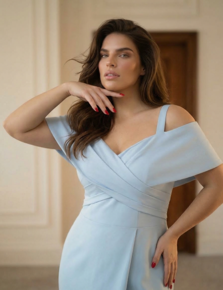 Голубое атласное платье по фигуре со спущенными плечами