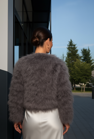 Графитовая (серая) шубка из страусиных перьев с длинными рукавами