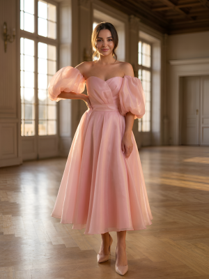 Персиковое платье миди из органзы с буфами