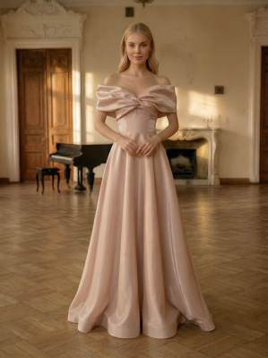 Пудровое вечернее платье в пол из блестящей органзы