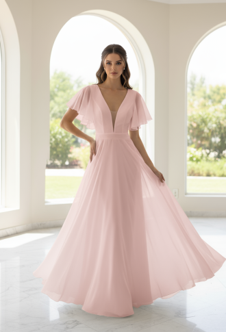 Розовое платье из органзы с открытой спиной и рукавами крыло