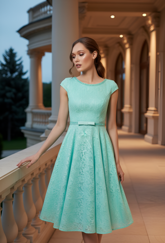 Бирюзовое кружевное платье с поясом из страз и бантиком