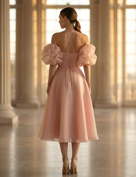 Пудровое платье миди из органзы с пояском