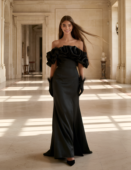 Чёрное платье по фигуре с разрезом на ноге и оборкой