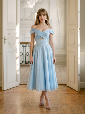 Голубое платье миди из органзы