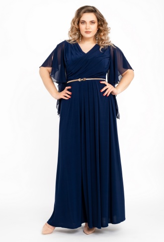 Темно-синее трикотажное платье с шифоновыми рукавами крыло