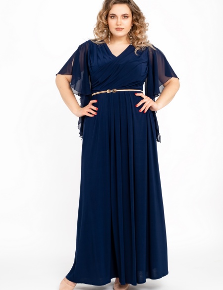 Темно-синее трикотажное платье с шифоновыми рукавами крыло