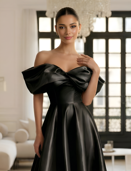 Чёрное вечернее платье в пол из блестящей органзы