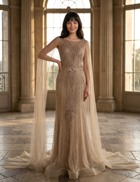 Платье из бисера и пайеток с длинными рукавами в пол