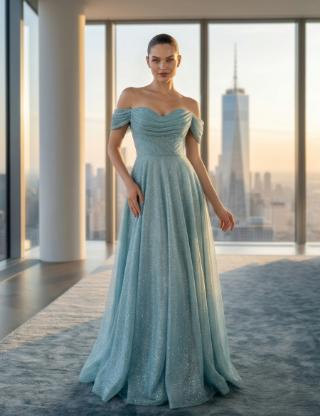 Вечернее блестящее платье Морская волна