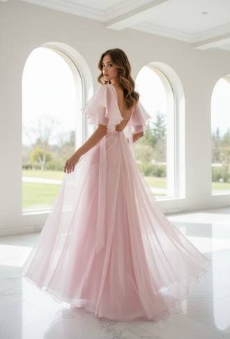 Розовое платье из органзы с открытой спиной и рукавами крыло