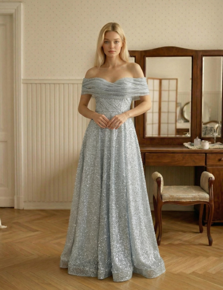 Серебряное вечернее блестящее платье