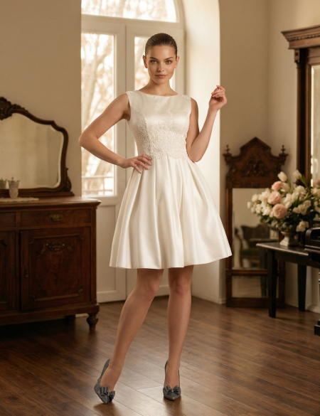 Белое атласное платье с кружевным верхом