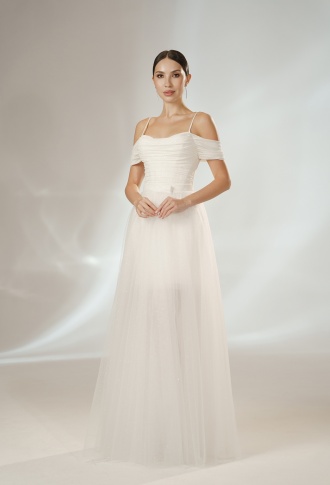 Белое блестящее платье мини с накладной юбкой