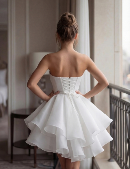 Белое платье мини из органзы с буфами