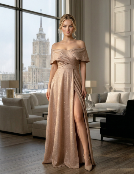 Бежевое блестящее платье с разрезом на ноге и спущенными плечами