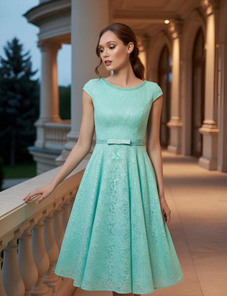 Бирюзовое кружевное платье с поясом из страз и бантиком