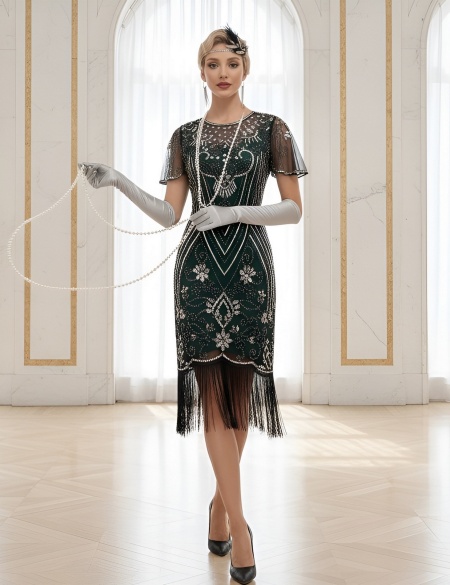 Изумрудное платье в стиле Гэтсби с рукавами 